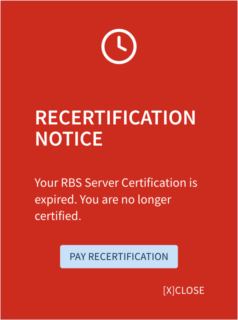 Screenshot of expired RBS Certification warning message in California ABC Portal dashboard showing recertification notice to alcohol server